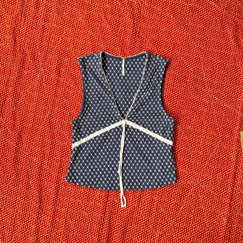 Free People Blue White Embroidered Tie Front tank Top OB2196347 Medium